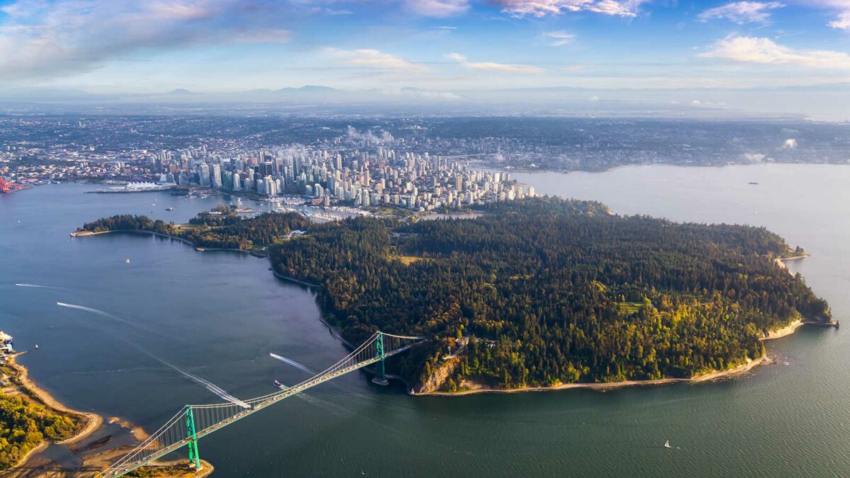 Beautiful Aerial View of Lions Gate Bridge, Stanley Park and Vancouver Downtown
