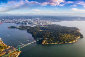 Beautiful Aerial View of Lions Gate Bridge, Stanley Park and Vancouver Downtown