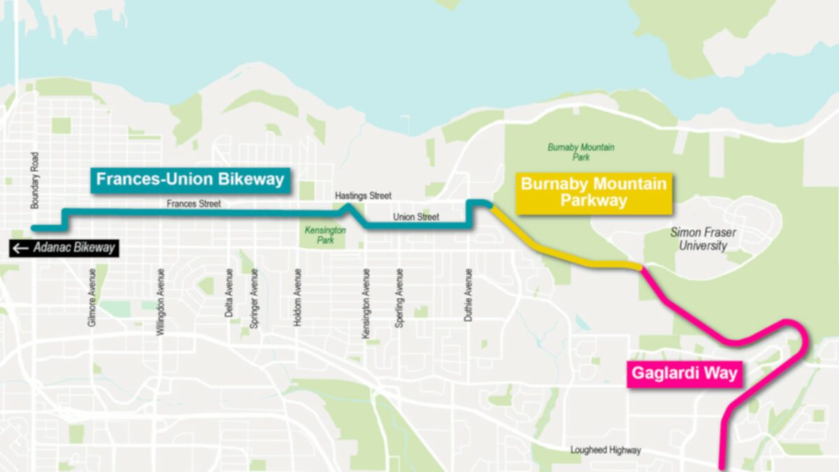 A map of Burnaby and bike routes