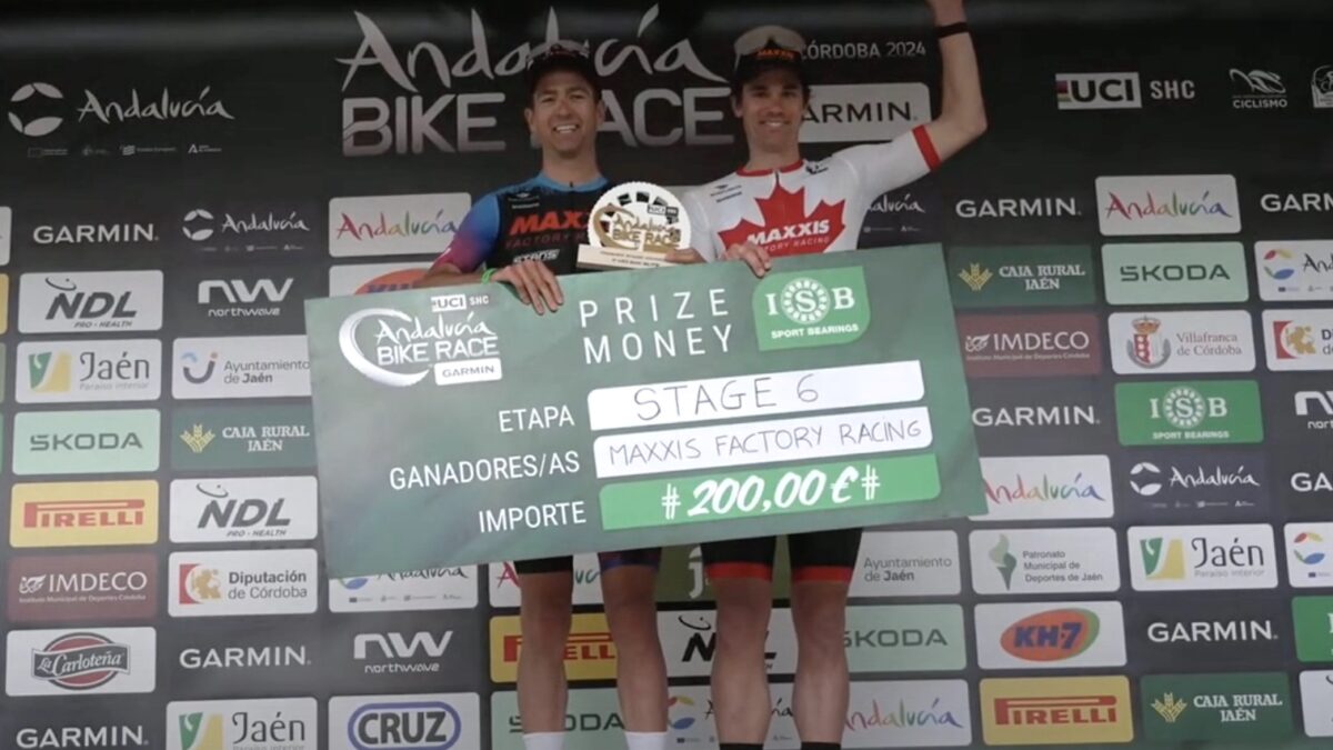 Andrew L'Esperance and Sean Fincham on the podium of the Andalucia Bike Race